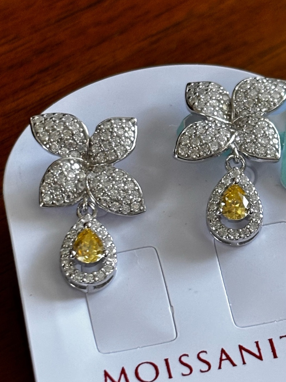 Yellow Teardrop & Pavé Floral Silver Earrings
